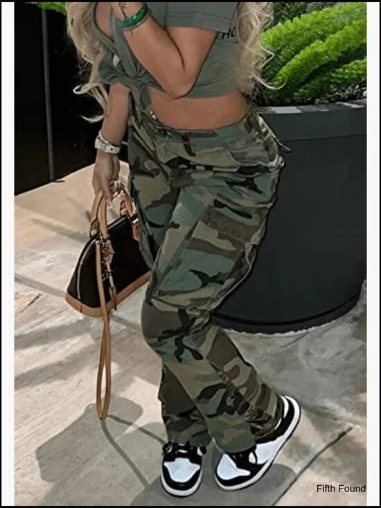 High Waist Camo Cargo Pants Slim Fit Elastic Trousers with Pockets - Picture 3 of 7